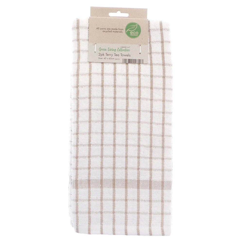 Pack of 2 eco friendly white terry tea towels with brown checked pattern