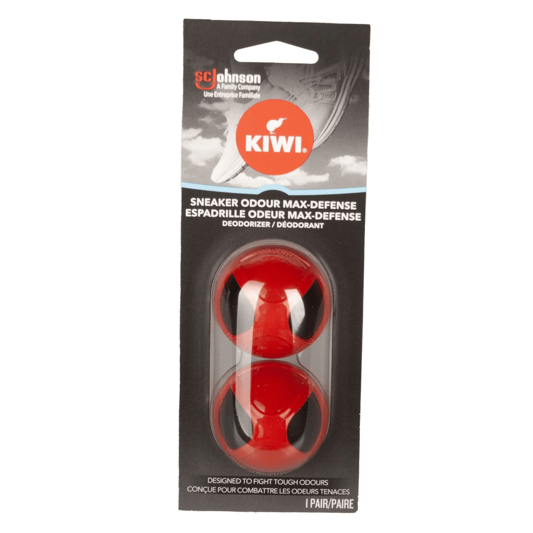 pack of 2 kiwi sneaker odour max-defense balls designed to fight tough odours in packaging