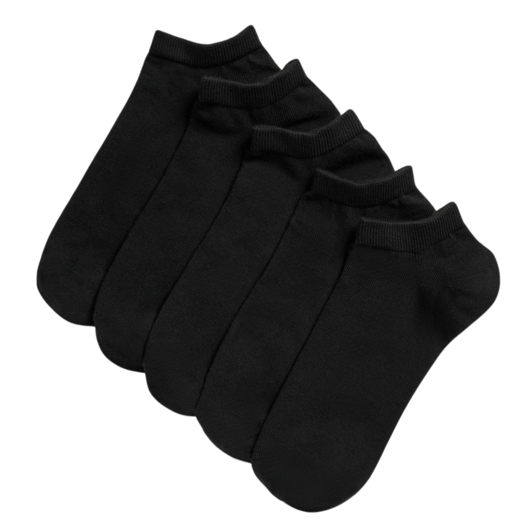 5 pairs of black trainer socks sitting together on top of each other on white background