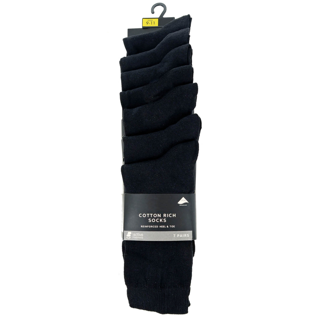 7 pairs of cotton rich socks with reinforced heel & toe in all black