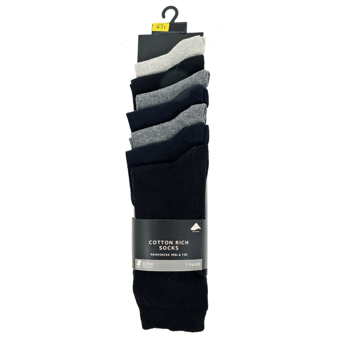 7 pairs of cotton rich socks with reinforced heel & toe in black and grey