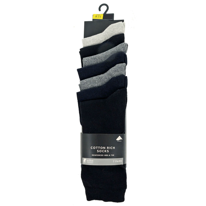 7 pairs of cotton rich socks with reinforced heel & toe in black and grey