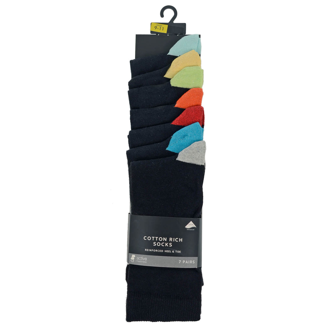 7 pairs of cotton rich socks with reinforced heel & toe in black with colour heel