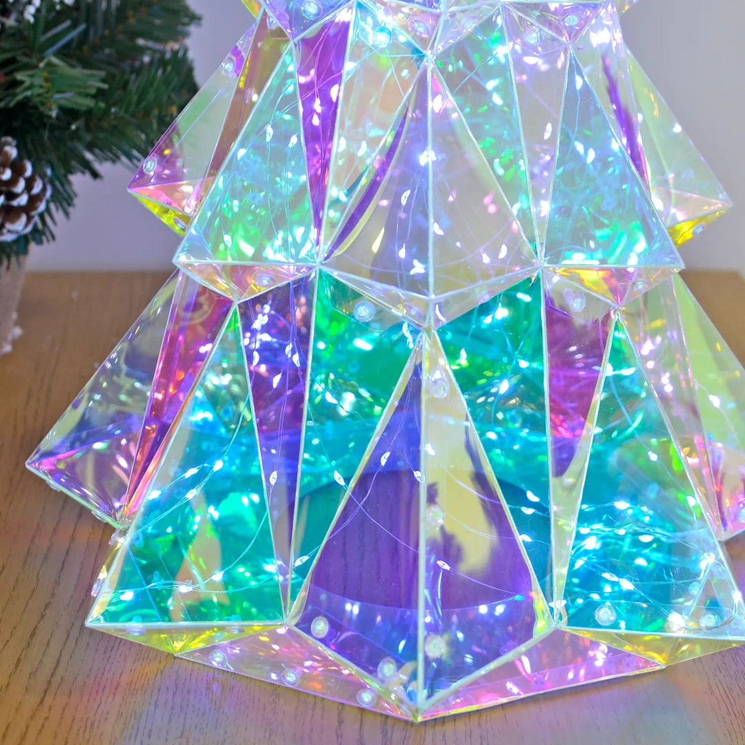 Close up of geometric panles on a Christmas tree shape LED light