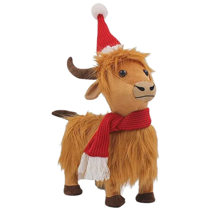 Plush highland cow with shaggy coat wearing a Santa hat and scarf on a white background