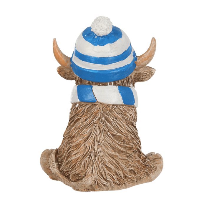 back view of cow in blue and white design with realistic highland cow details