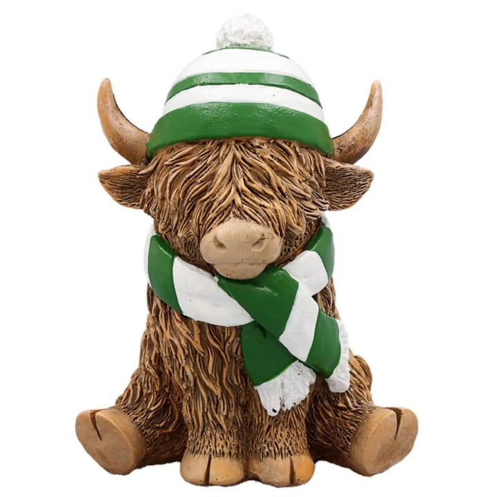 Happy Highland Cow Ornament Football Stripes Hat Scarf 12cm