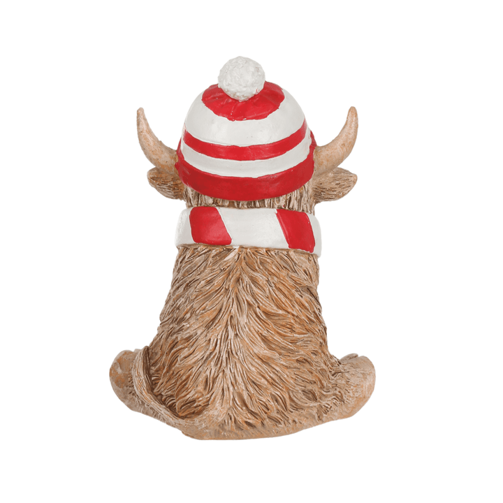 Happy Highland Cow Ornament Football Stripes Hat Scarf 12cm