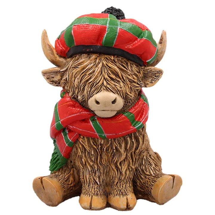 Happy Highland Cow Ornament Football Stripes Hat Scarf 12cm