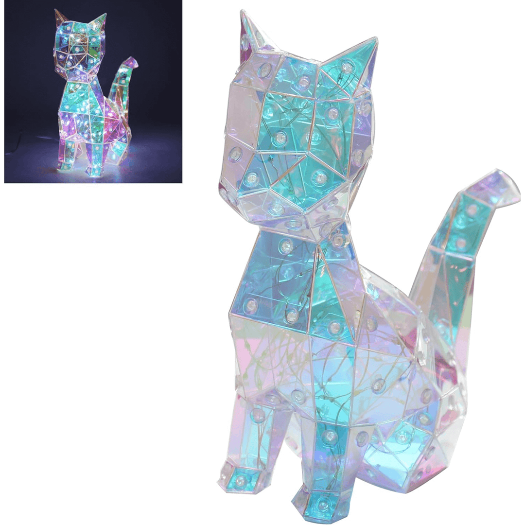 iridescent cat night light with multi colour lights graphic shows light on and off