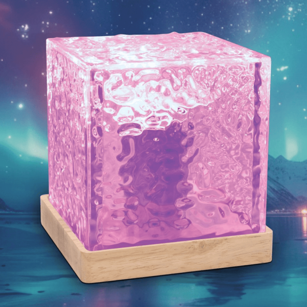 acryclic cube lamp with pink light effect on norther lights style background