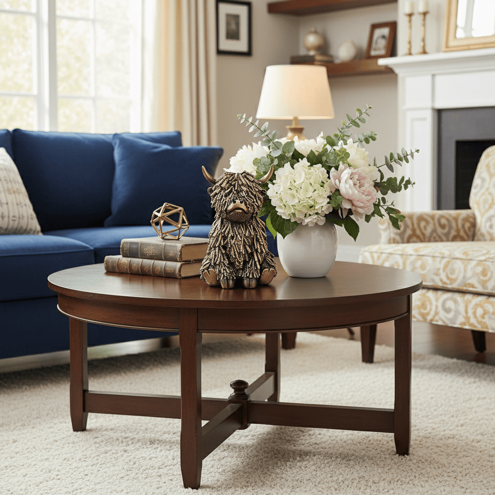 Living room with a wooden coffee table, blue sofa, and floral arrangement.
