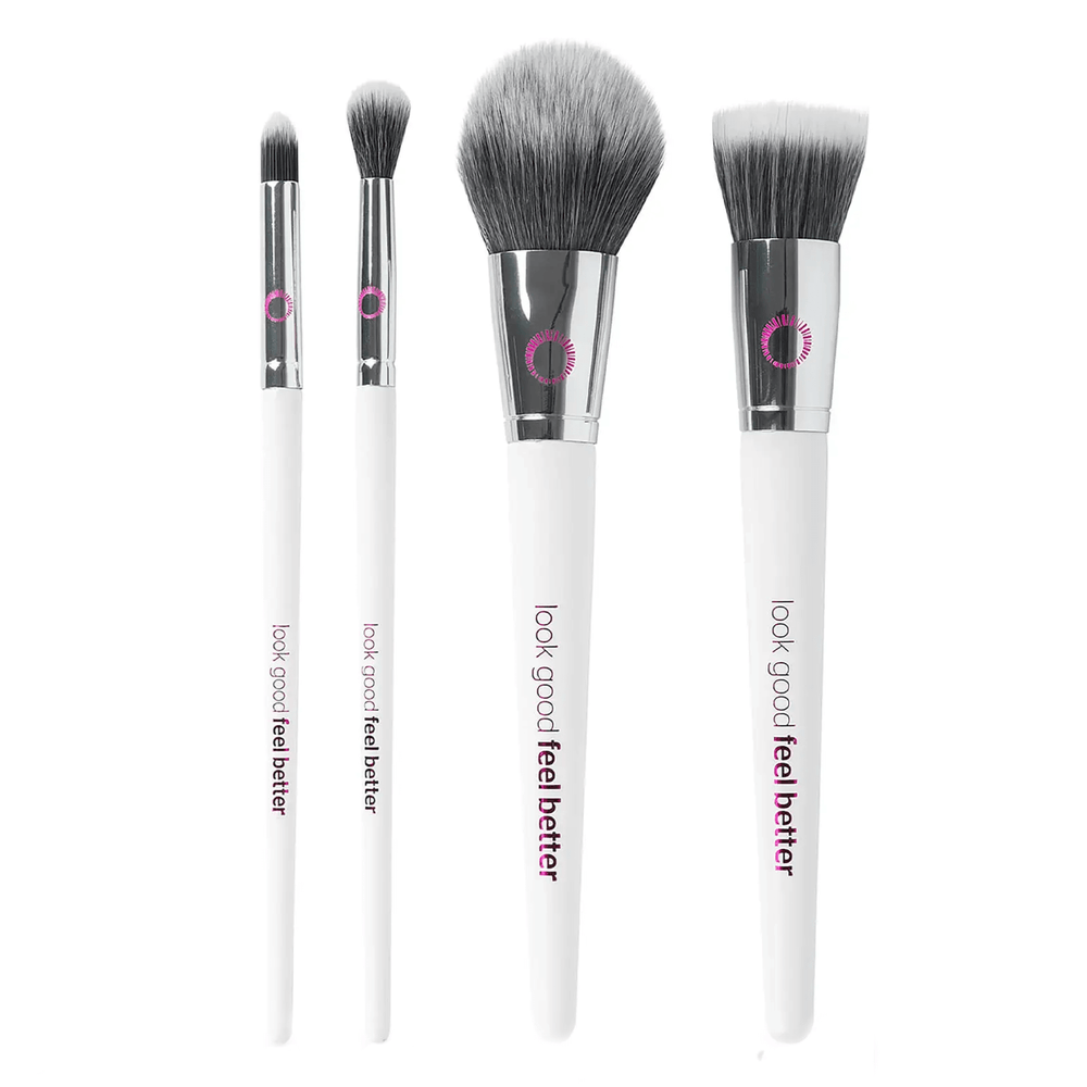 4 individual face makeup brushes featuring white handle and purple look good feel better logo