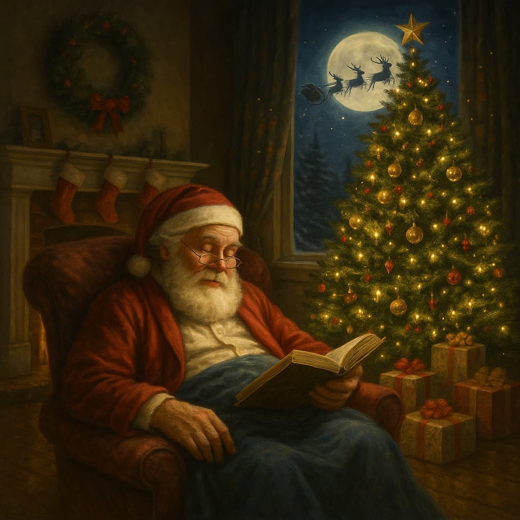 Santa Claus reading a book in a cozy room with a Christmas tree and presents.