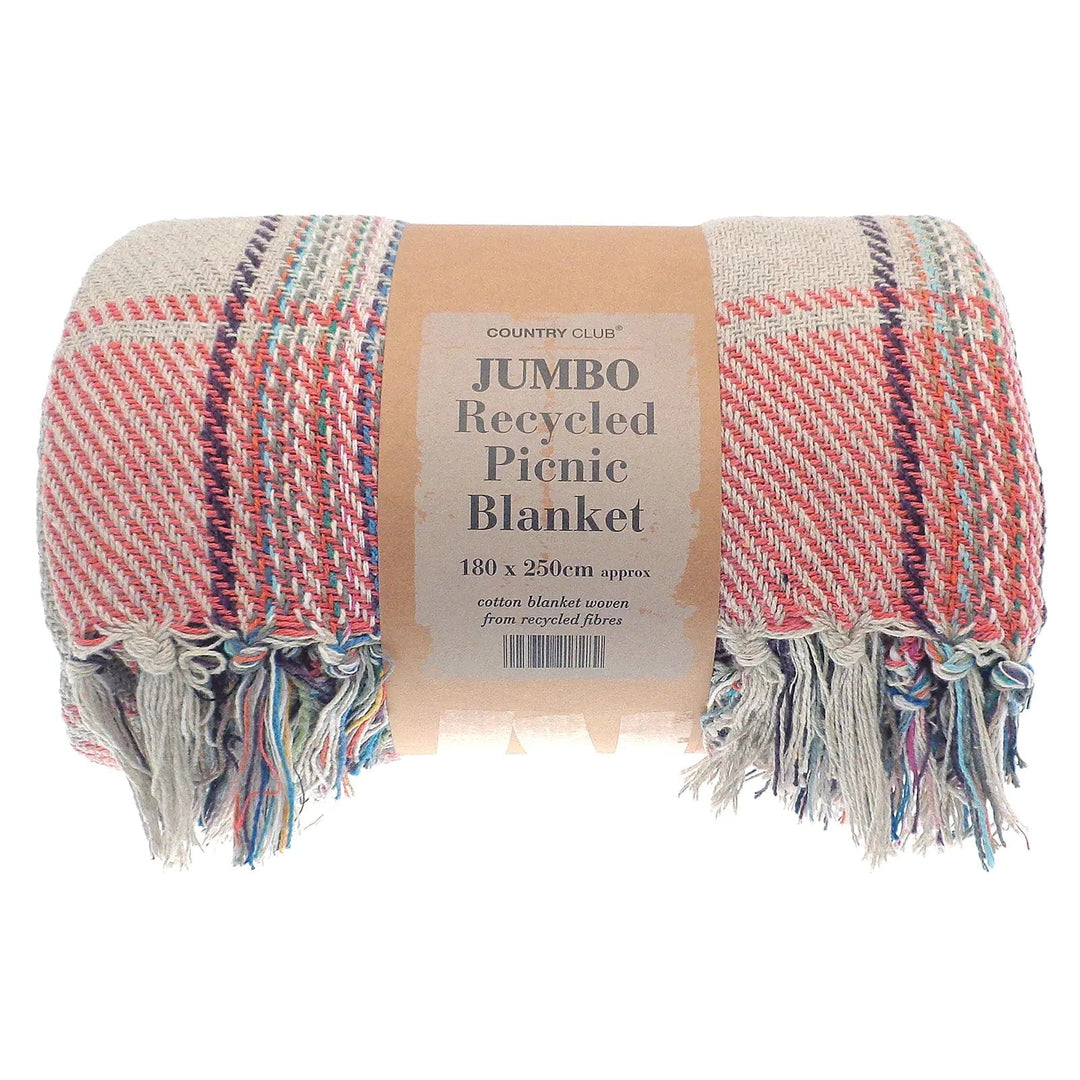 Jumbo recycled picnic blanket in pink tartan style pattern and tassel fringe