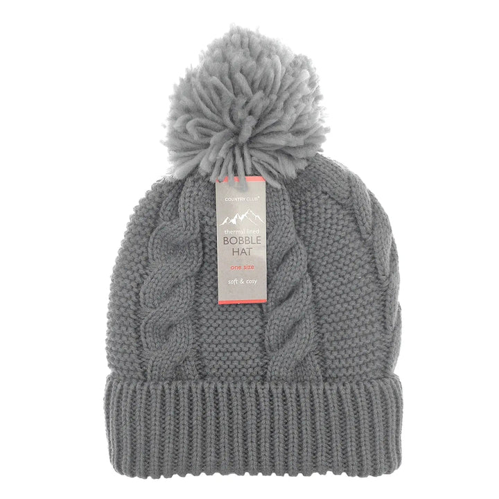 Chunky grey knitted bobble hat with big wool pom pom