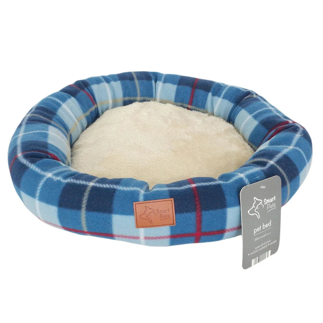 Blue checked tartan fleece round bed for small dogs and cats