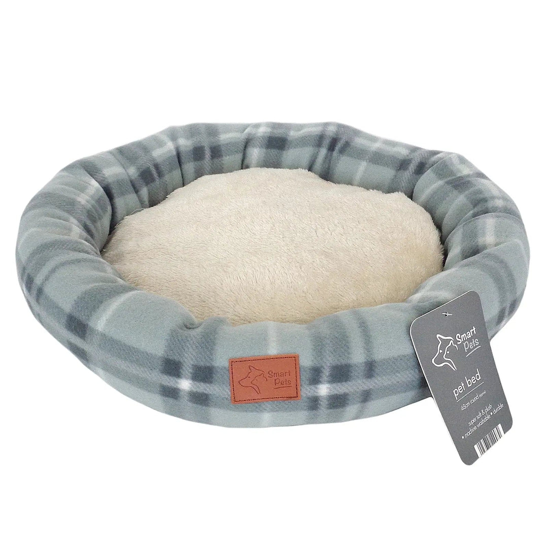 light and dark grey tartan fleece, round pet bed for cats and small dogs