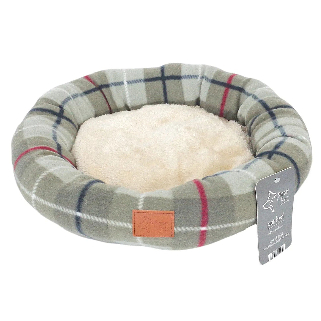 Small dog bed, round shape with beige checked pattern fleece