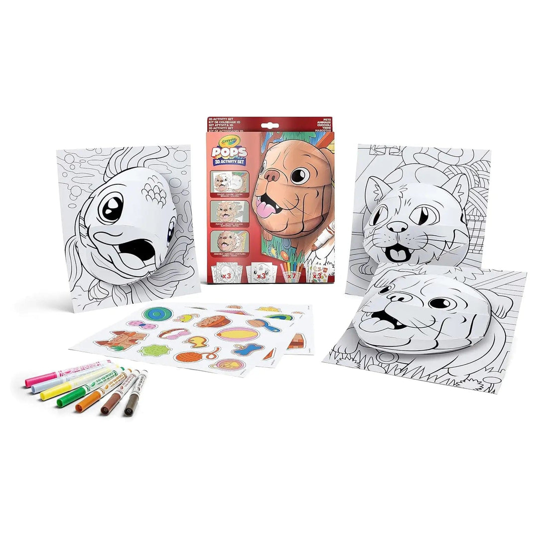 Contents of Crayola Pops 3d activity set featuring pet theme pictures and includes 7 marker pens