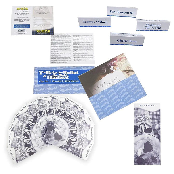 Contents of the box of murder mystery party showing card, invitations, place cards and instructions