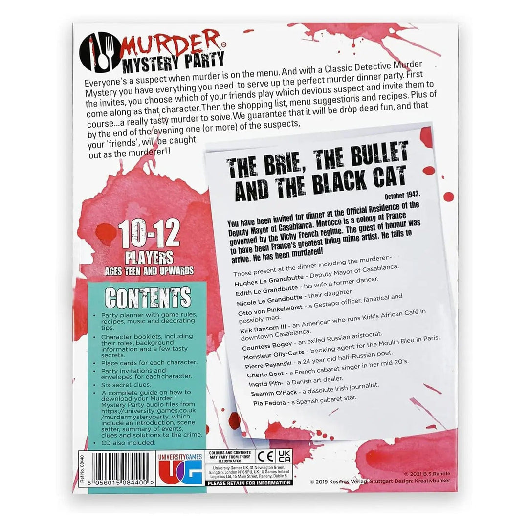 back of the box of Murder Mystery Party the brie, the bullet and the black cat