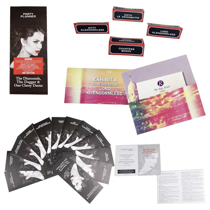 Contents of the box of murder mystery party showing card, invitations, place cards and instructions