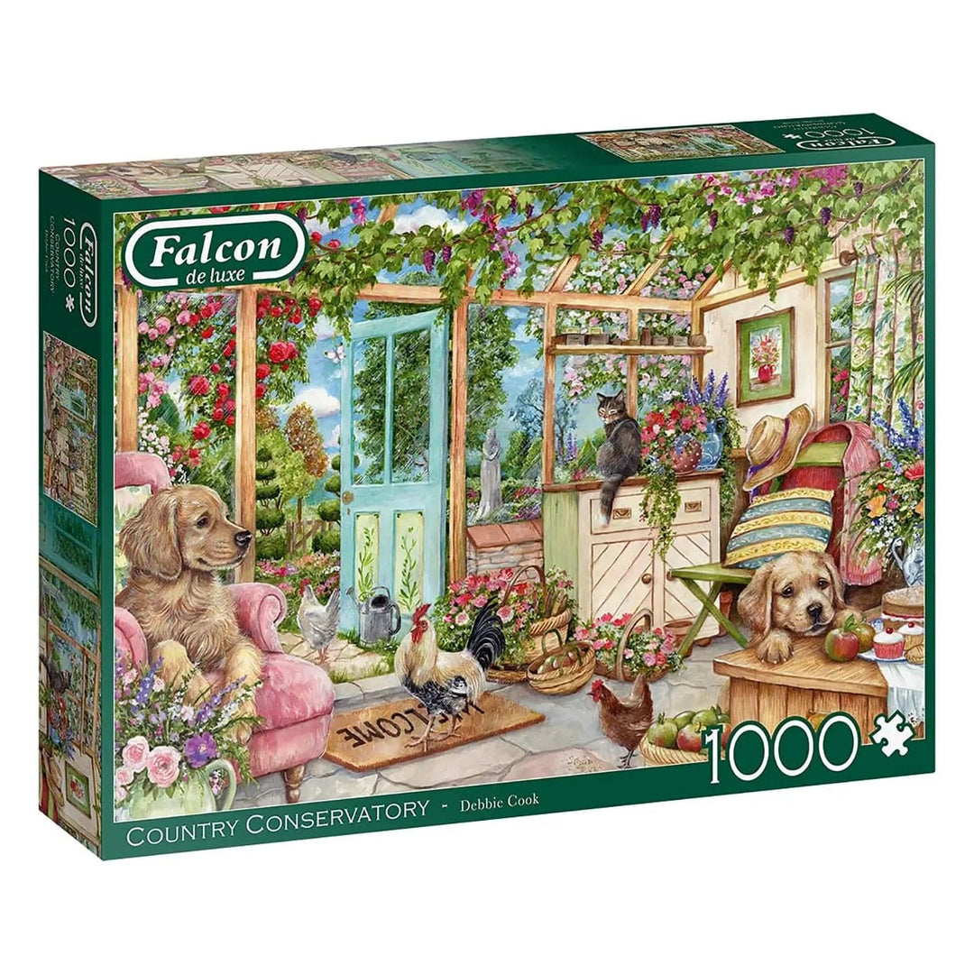 Country conservatory with flowers, dogs, cats and chickens 1000 piece jigsaw puzzle