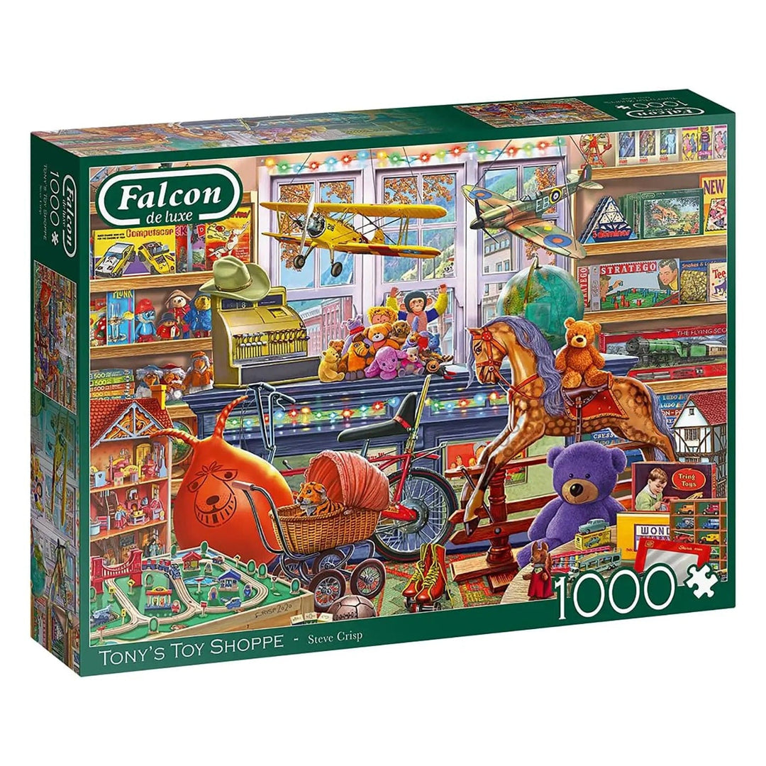 1000 piece jigsaw puzzle with image of a toy shop selling a space hopper, rocking horse a dolls hose