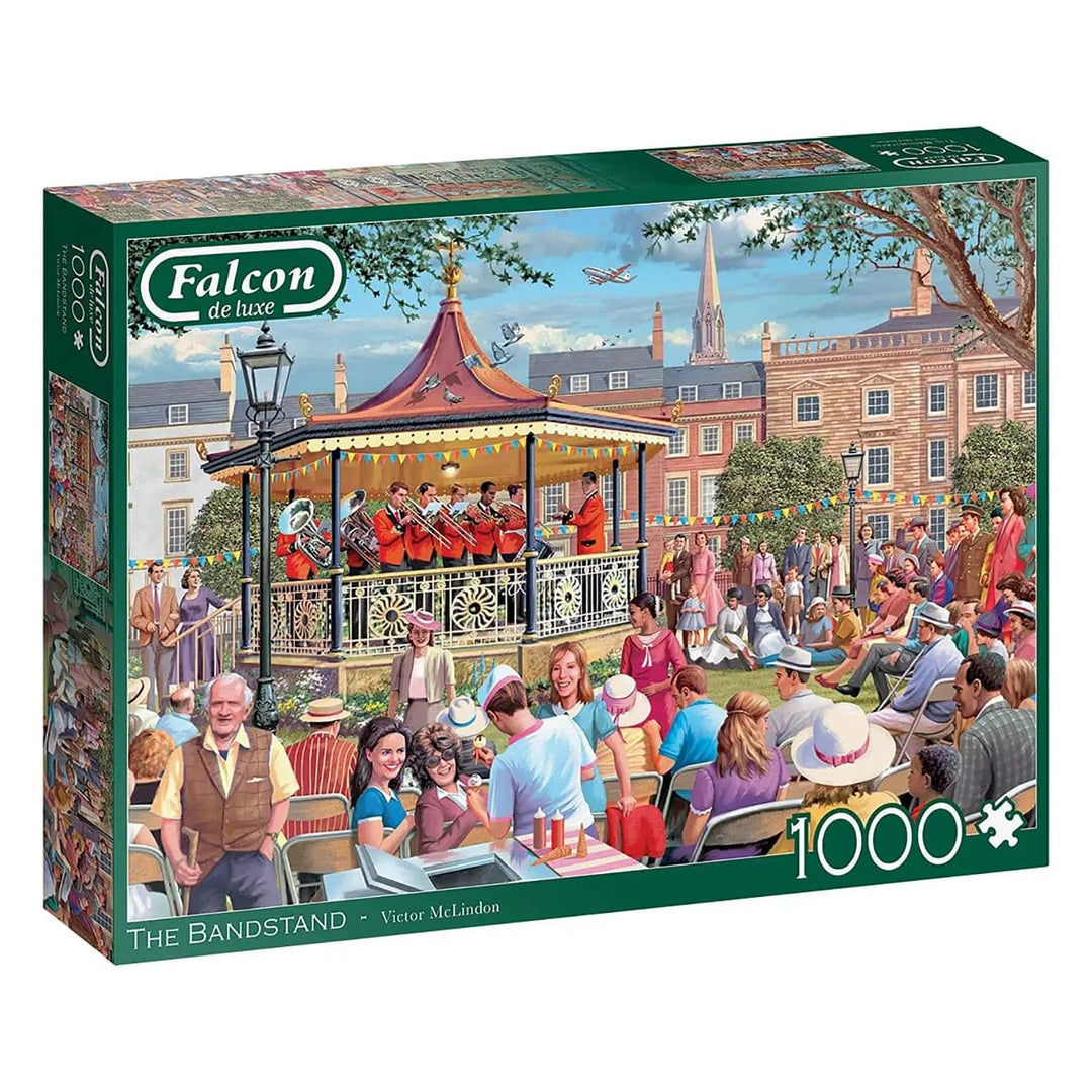 1000 piece jigsaw puzzle with picture of park bandstand with crowds listening