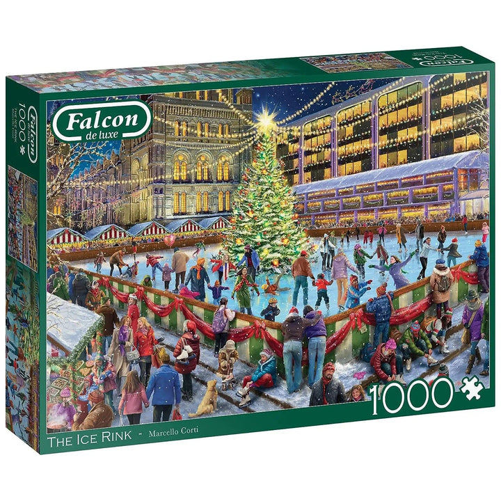 1000 piece jigsaw puzzle with image of a Christmas ice rink with skaters