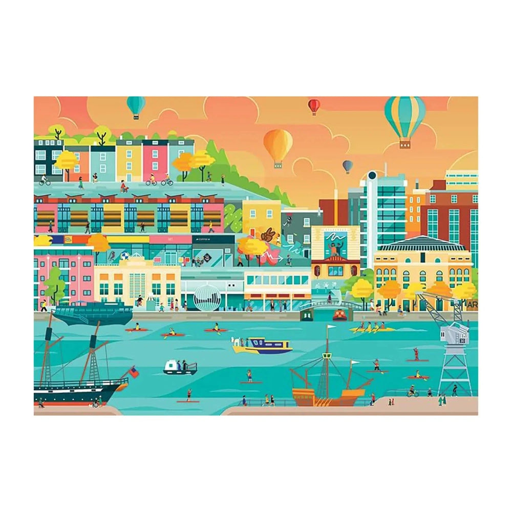 Colourful Marina scene illustration with boats, canoes, people, trees, city and hot air balloons