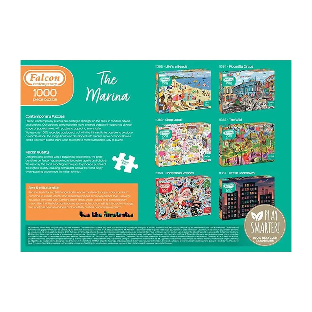 Back of the box of The Marina 1000 piece Falcon contemporary jigsaw puzzle