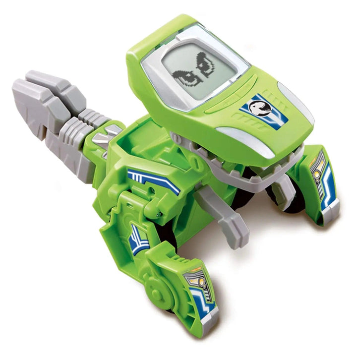 Green dinosaur toy that changes into a car, with sounds and voices