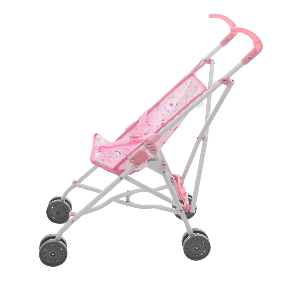 side view of unicorn stroller with grey wheels and pink handles