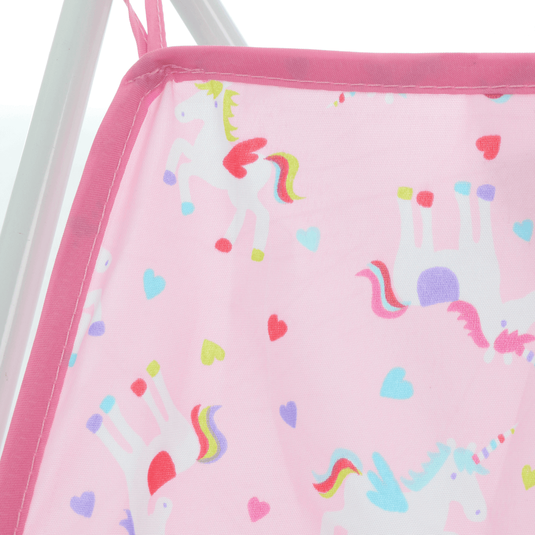 detail view of unicorn and hearts print on stroller