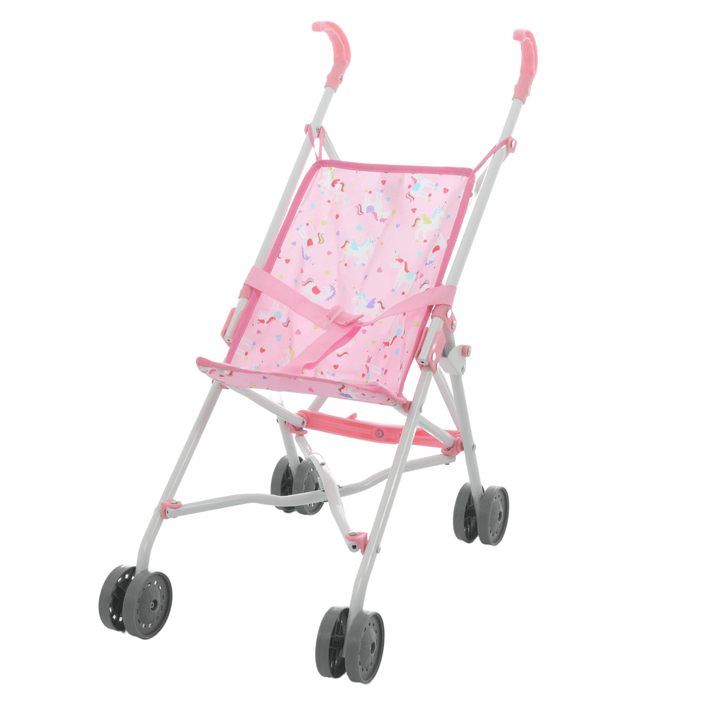 pink toy doll pram featuring unicorn print on dolls seat