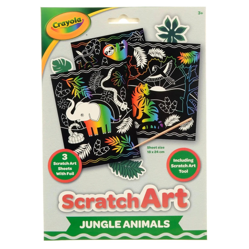 Crayola pack of 3 Scratch Art Jungle Animals design sheets with rainbow foil