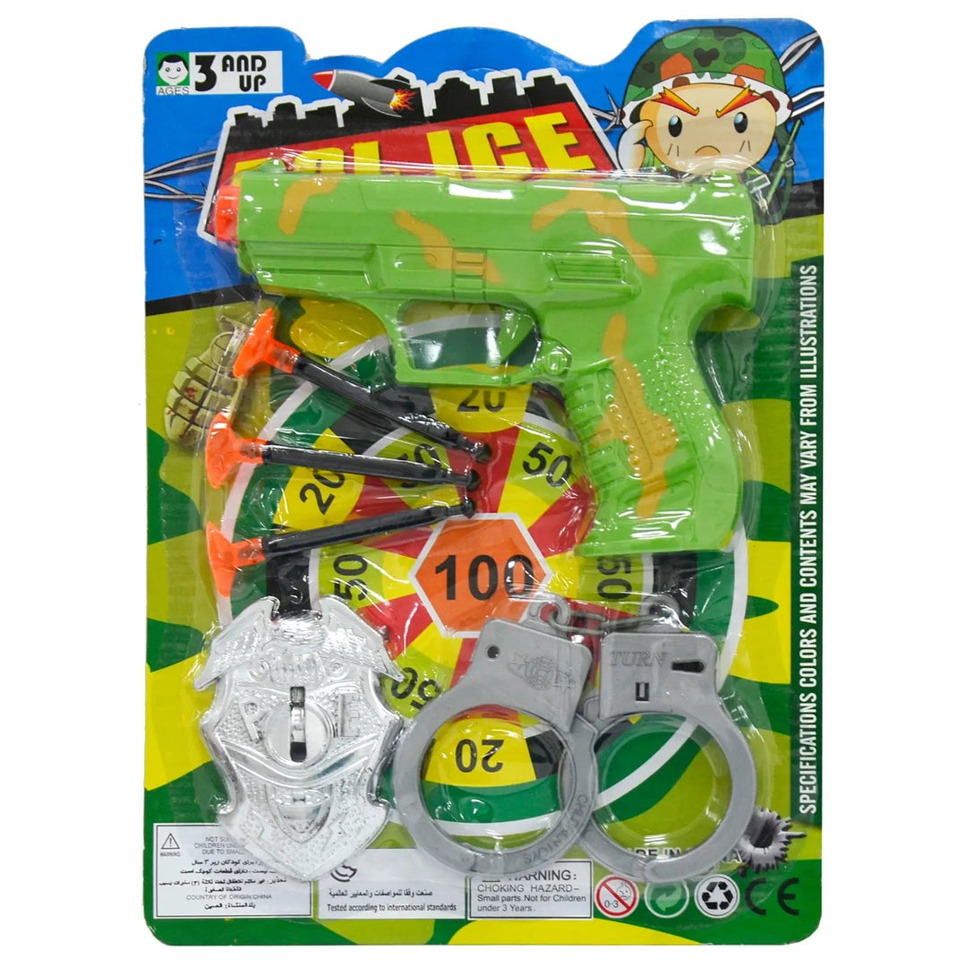 Police accessories play set with green toy gun with 3 darts, handcuffs and silver police badge for role play fun