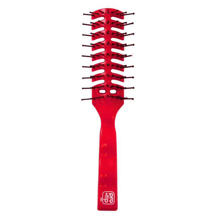 A red hairbrush with multiple dark brown bristles and a white &