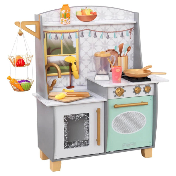 Play kitchen smoothie fun with pretend fruit, oven, freezer, blender, chopping board and sink