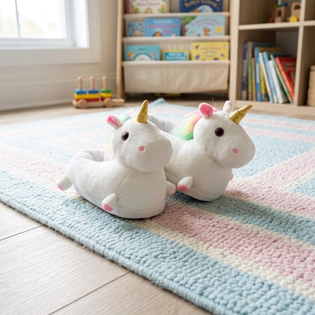 unicorn slippers in kids playroom with books in background