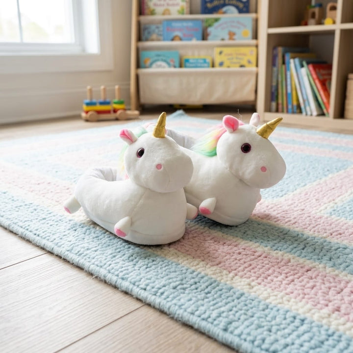 unicorn slippers in kids playroom with books in background