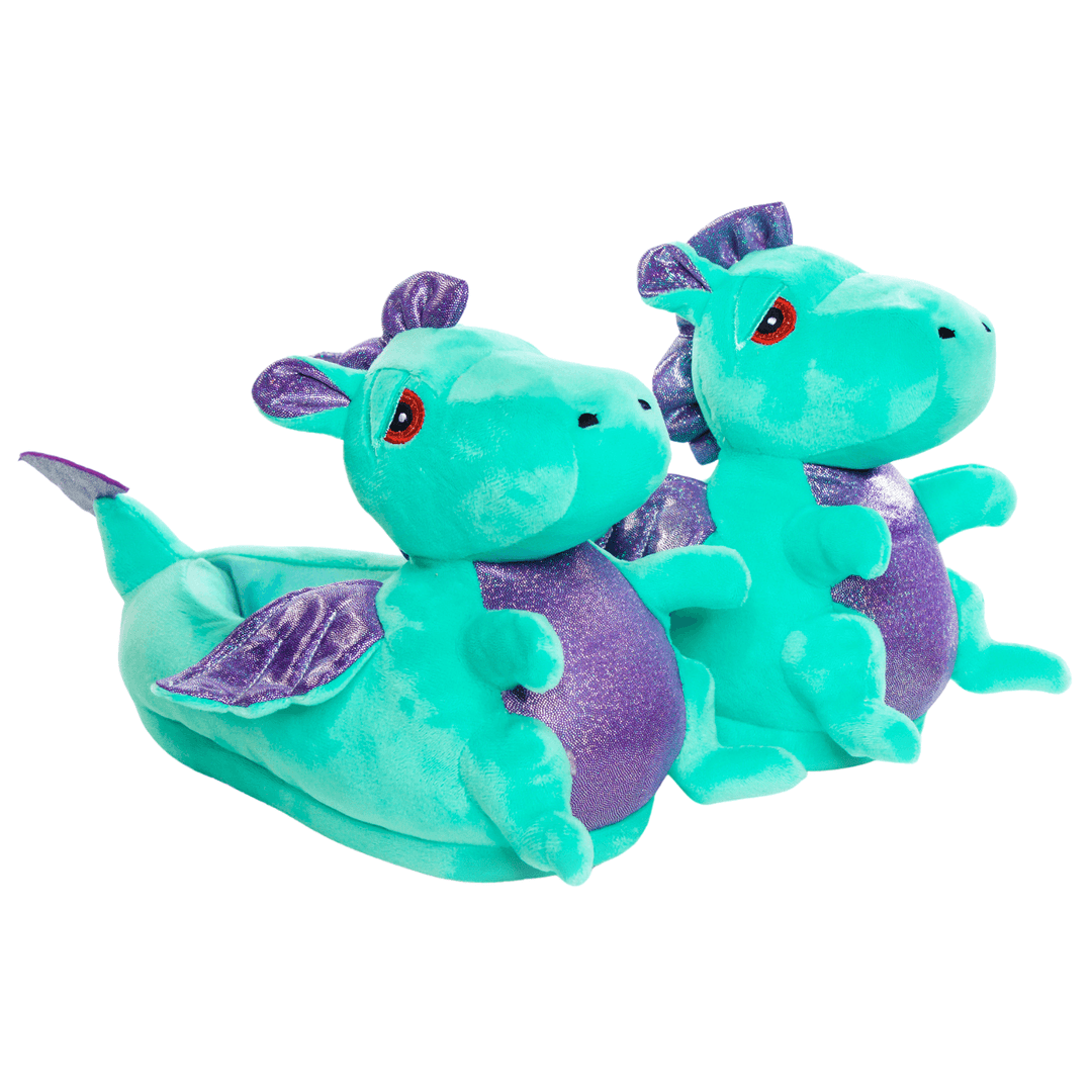 two green dragon slippers with purple shimmery details