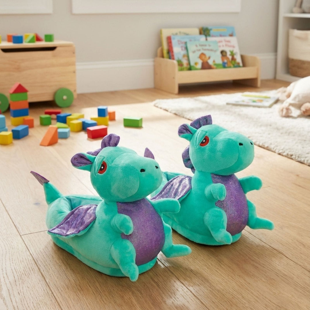 kids green and purple dragon slippers in kids playroom with books and building blocks in background