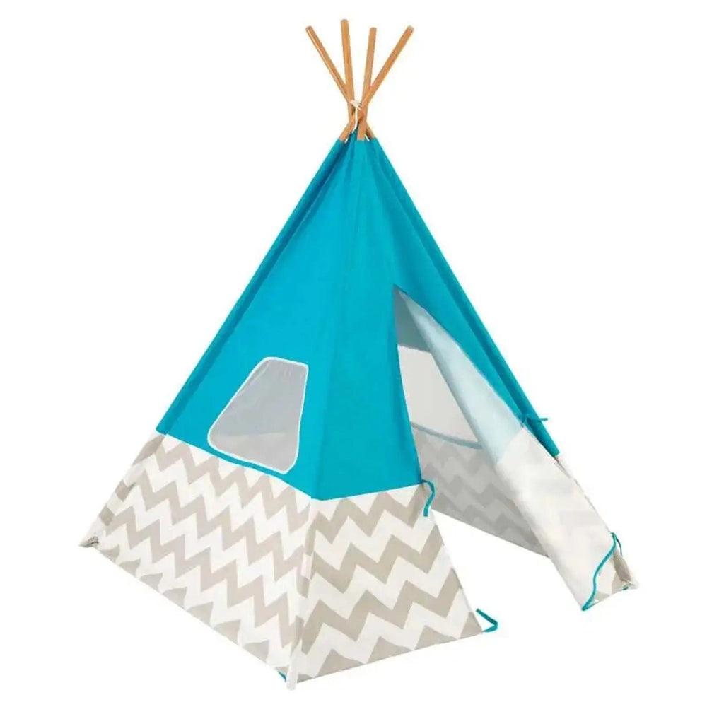 Turquoise blue teepee play tent with bamboo pole frame and mesh windows