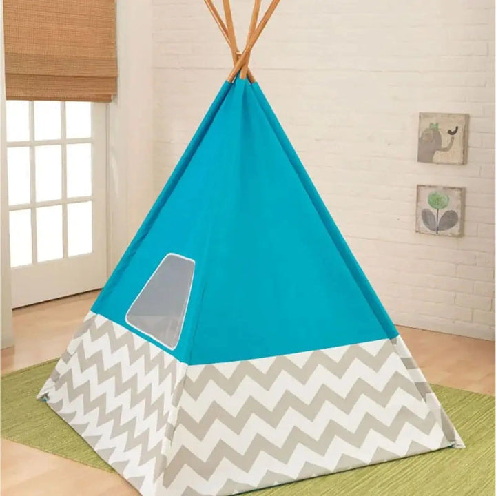 Back view of a blue, grey and white wild west teepee play tent in a playroom