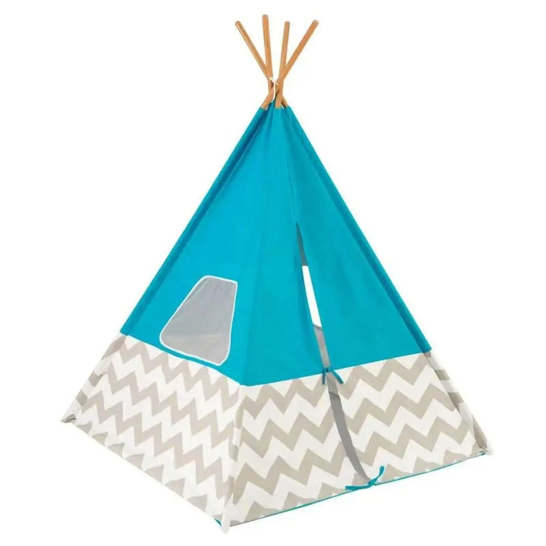 kids teepee play tent in blue with bamboo poles and opening with ties