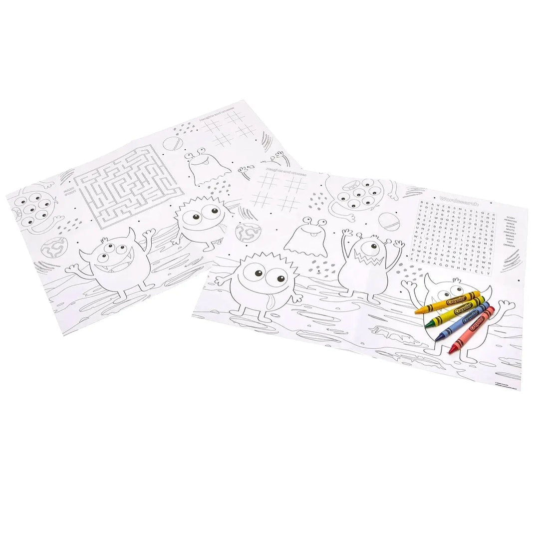 2 large paper placemats with monsters design for children to colour in with crayons