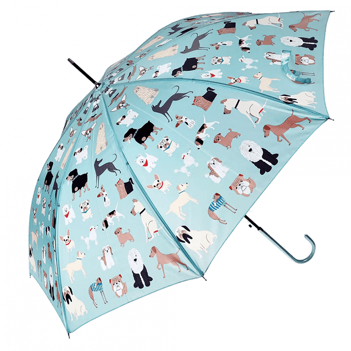 ladies walking umbrella with best in show dog pattern and crook shape handle